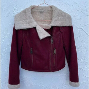 Farm Womens Sherpa Lined Moto Cozy Cropped Jacket Red Wine Velvet Sz Small